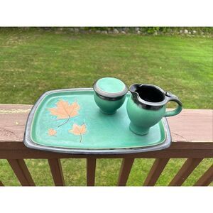 Vintage Suki Studio Art Pottery Asian Green & Black Pitcher, sugar bowl and tray